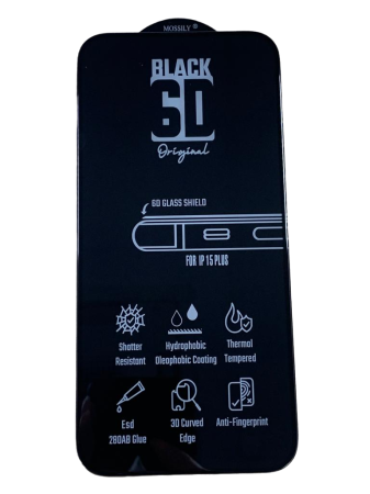 Защитное стекло MOSSILY для iPhone 15 Plus (повышенной прочности) 6D черное
