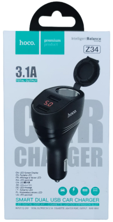 Автомобильное зарядное устройство 96W Z34 Hoco 2 порта USB с LED дисплеем и слотом для прикуривателя