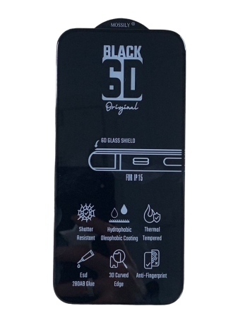 Защитное стекло MOSSILY для iPhone 15 (повышенной прочности) 6D черное