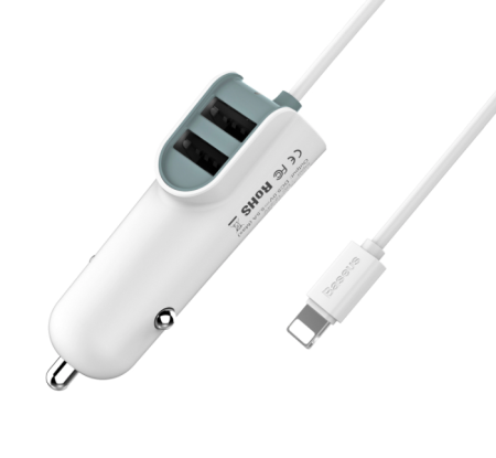 Автомобильное зарядное устройство Baseus Energy Station 2*USB порта+lightning 5.5A (белый)