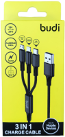 Кабель зарядки USB Budi DC203A8B 3в1 с перходниками Ligtning-Type-C-Micro в тканевой оплетке 1 метр Кабель зарядки USB Budi DC203A8B 3в1 с перходниками Ligtning-Type-C-Micro в тканевой оплетке 1 метр
