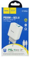 Блок зарядки Hoco модель C105A USB/Type-C QC3.0/PD 20W с кабелем Type-C - Lighting белый Блок зарядки Hoco модель C105A USB/Type-C QC3.0/PD 20W с кабелем Type-C - Lighting белый