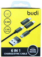 Кабель зарядки Type-C to Type-C Budi DC180A-BLK 6в1 с переходниками Ligtning USB и micro USB 2.4A 60 Кабель зарядки Type-C to Type-C Budi DC180A-BLK 6в1 с переходниками Ligtning USB и micro USB 2.4A 60