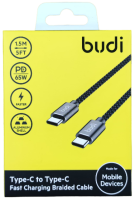 Кабель зарядки Type-C to Type-C Budi PD 65W DC206TT15B 1.5m в тканевой оплетке Кабель зарядки Type-C to Type-C Budi PD 65W DC206TT15B 1.5m в тканевой оплетке