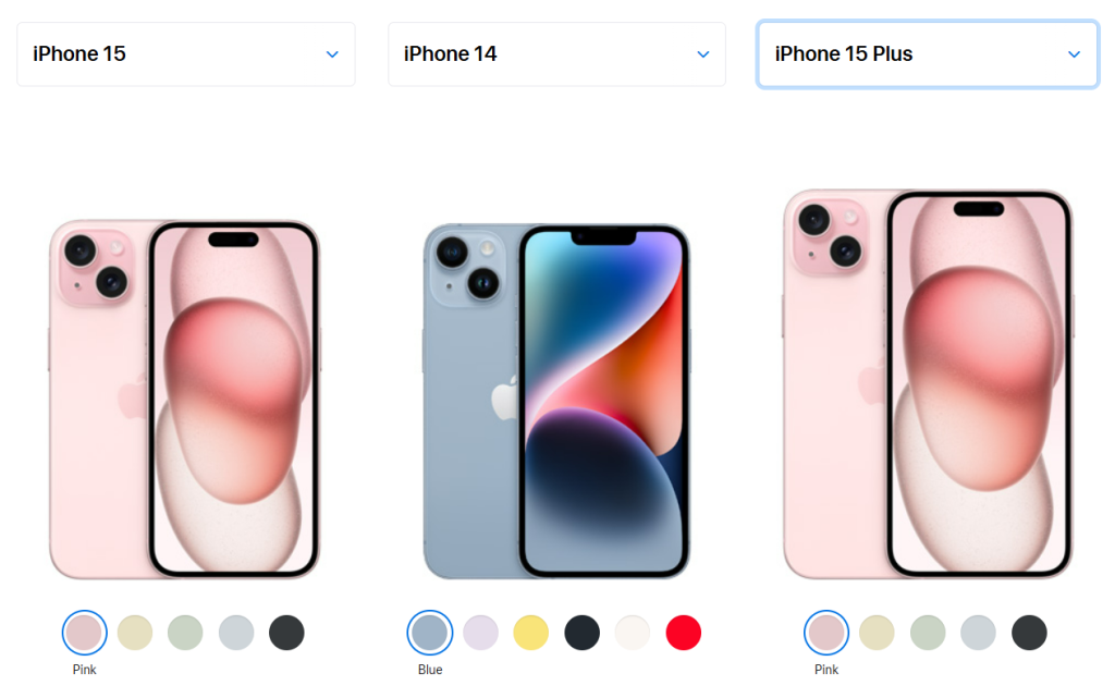 сравнение iphone 15, 14 и 15 plus