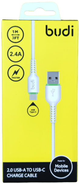 Кабель зарядки USB Type-C Budi DC158T10B-158T10W 2.4A 1метр Кабель зарядки USB Type-C Budi DC158T10B-158T10W 2.4A 1метр