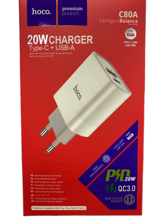 Блок зарядки Hoco модель C80A Type-C+USB-A (2порта) PD20W QC3,0 