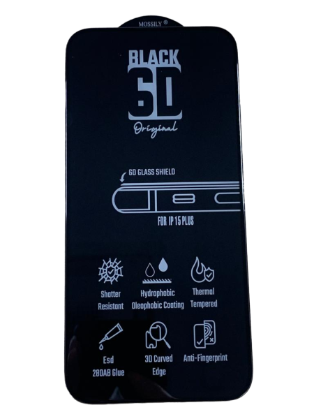 Защитное стекло MOSSILY для iPhone 15 Plus (повышенной прочности) 6D черное Защитное стекло MOSSILY для iPhone 15 Plus (повышенной прочности) 6D черное