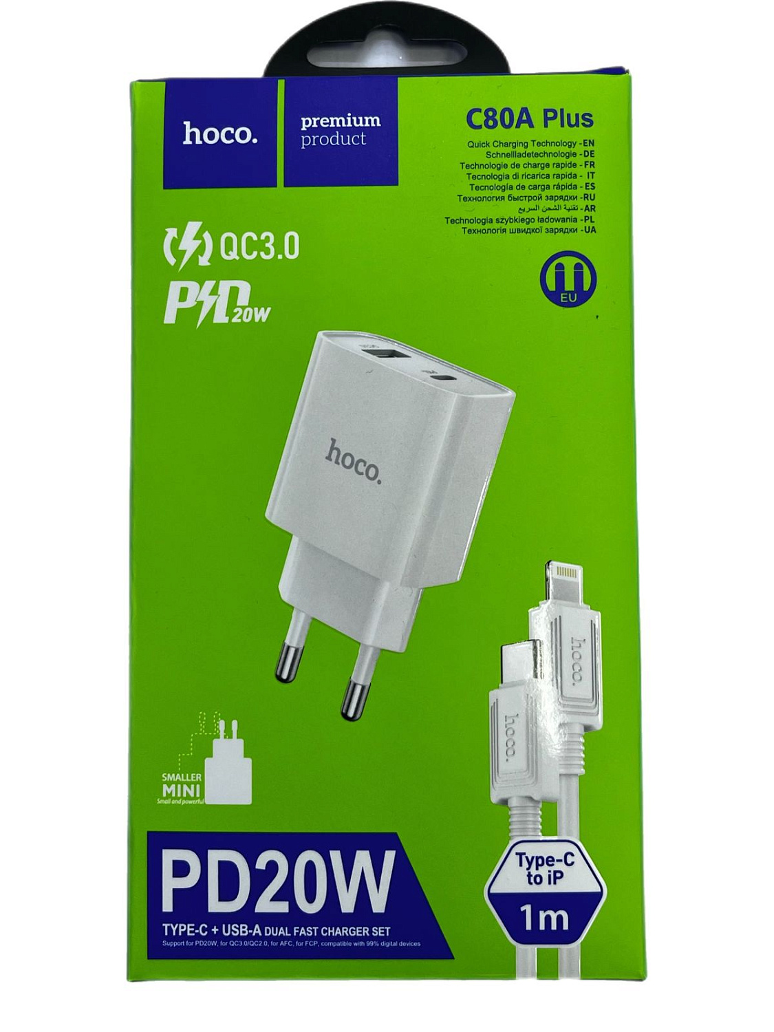 Блок зарядки Hoco модель C80A Plus USB/Type-C 18W/20W QC3.0 белого цвета