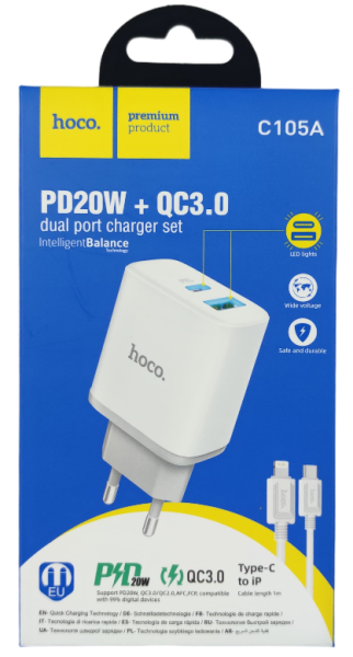 Блок зарядки Hoco модель C105A USB/Type-C QC3.0/PD 20W с кабелем Type-C - Lighting белый Блок зарядки Hoco модель C105A USB/Type-C QC3.0/PD 20W с кабелем Type-C - Lighting белый