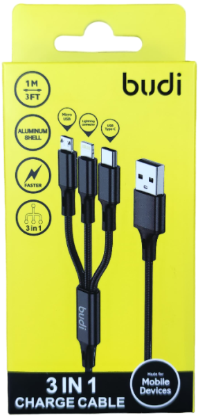 Кабель зарядки USB Budi DC203A8B 3в1 с перходниками Ligtning-Type-C-Micro в тканевой оплетке 1 метр Кабель зарядки USB Budi DC203A8B 3в1 с перходниками Ligtning-Type-C-Micro в тканевой оплетке 1 метр