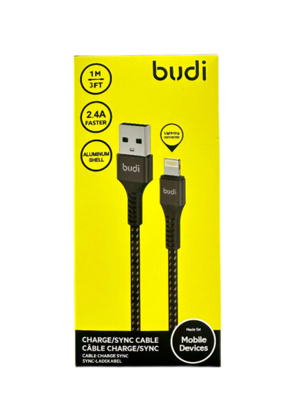 Кабель зарядки Budi Lightning DC210L10B в тканевой оплетке 1 метр Кабель зарядки Budi Lightning DC210L10B в тканевой оплетке 1 метр