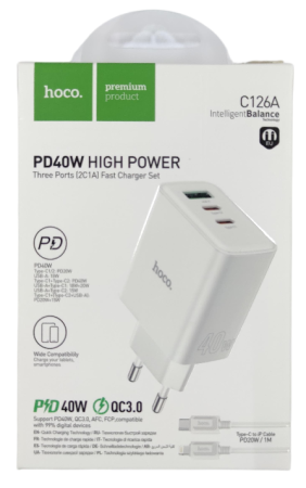 Блок зарядки Hoco модель C126A USB/Type-C (3 порта) QC3.0/PD 40W с кабелем Type-C - Lighting белый