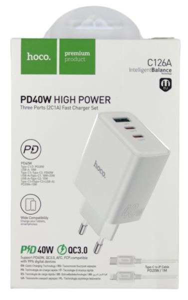 Блок зарядки Hoco модель C126A USB/Type-C (3 порта) QC3.0/PD 40W с кабелем Type-C - Lighting белый Блок зарядки Hoco модель C126A USB/Type-C (3 порта) QC3.0/PD 40W с кабелем Type-C - Lighting белый