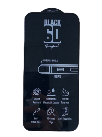 Защитное стекло MOSSILY для iPhone 15 Pro (повышенной прочности) 6D черное
