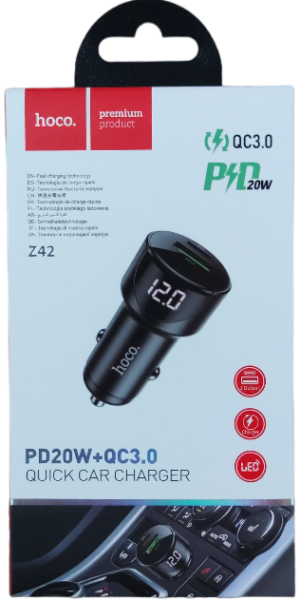 Автомобильное зарядное устройство 20W Z42 Hoco 2 порта USB QC3.0 и PD20W с LED дисплеем 