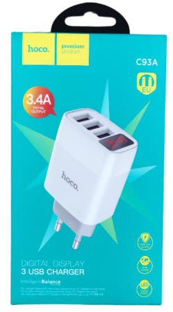 Блок зарядки Hoco модель C93A USB (3порта) Easy Charge 3.4A с LED дисплеем белый