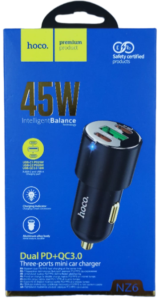 Автомобильное зарядное устройство 45W NZ6 Hoco 3 порта USB QC3.0 18W  Type C1 PD25W Type C2 PD20W 